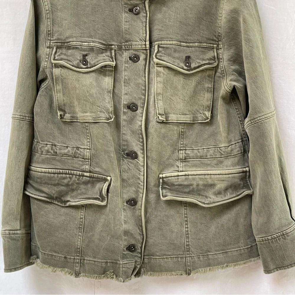 Free People Harley Military Denim Jean Jacket Women‎ Medium Green Boho Travel